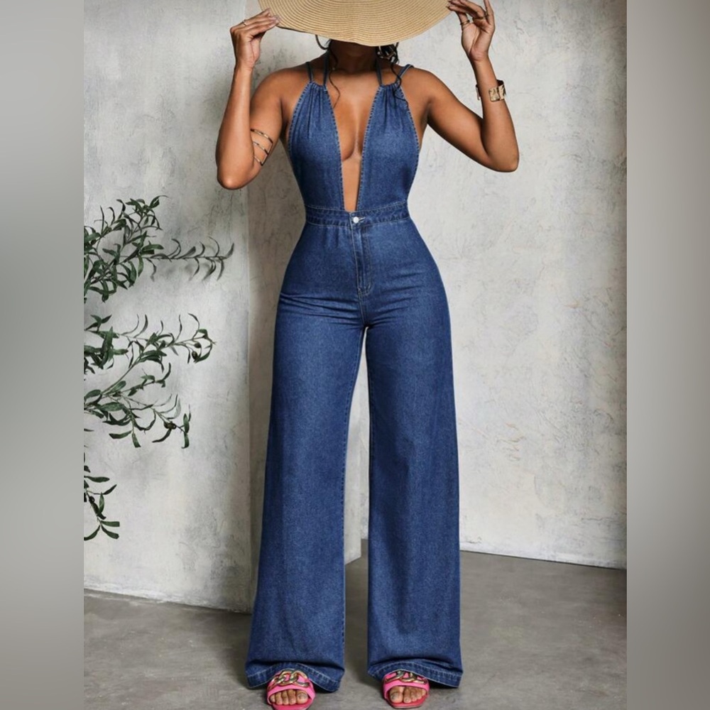 Stylish Blue Denim Halter Jumpsuit